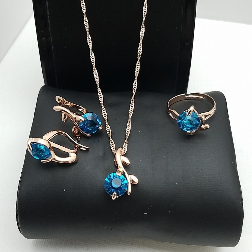 Gold Tone Earrings, Ring & 18" Necklace Set Teal